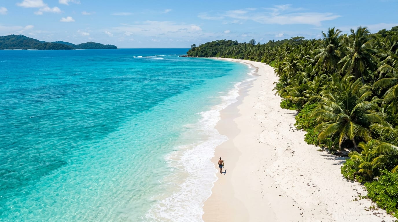 Generated aerial image of a person walking a white sand beach beside turquoise water
