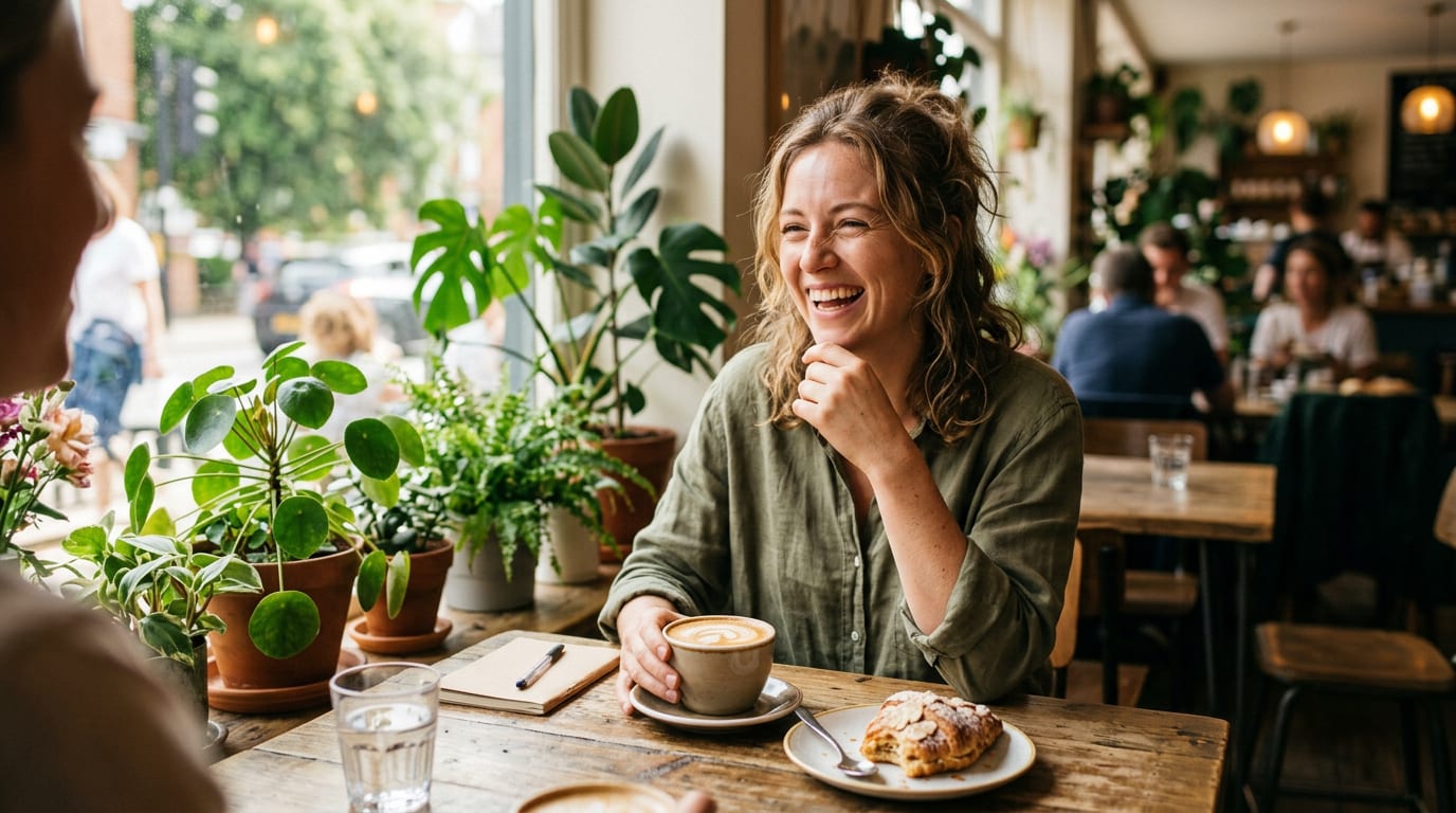 Generated image of a woman laughing over coffee at a sunlit cafe window table