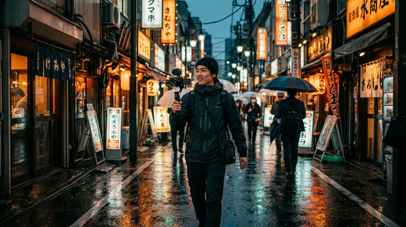 Generated image of a creator with a gimbal camera walking down a rainy side street at dusk