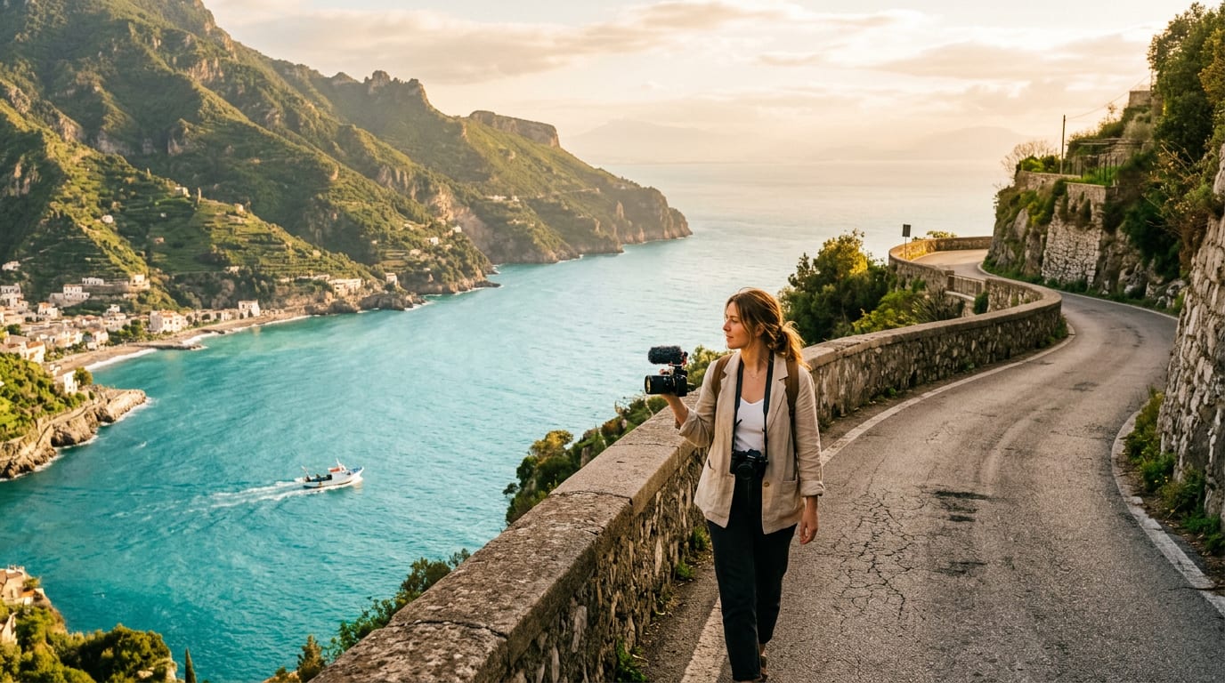Generated image of a traveller filming along a winding coastal road above a turquoise bay