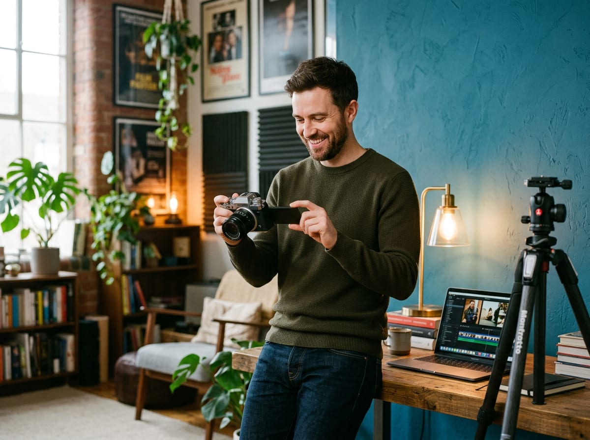Generated image of a creator in a loft studio checking a mirrorless camera screen