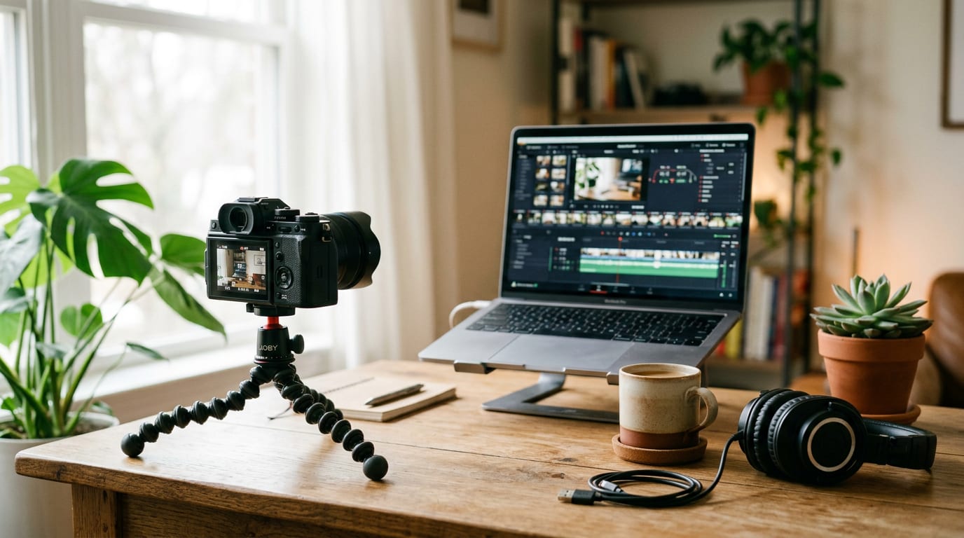 Generated image of a camera on a small tripod beside a laptop on a creator desk