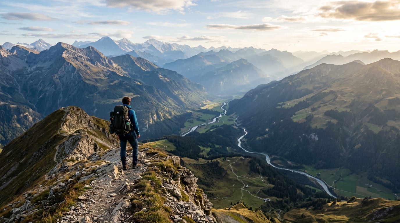 Generated image of a hiker on a ridge above an alpine valley